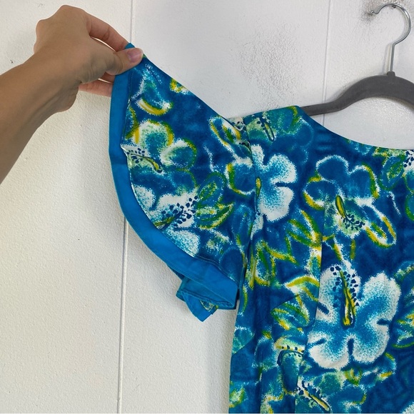 Vintage Lauhala Hawaii Dress Hibiscus Maxi Ruffle Sleeve Zip Back Size XS? Blue - Picture 3 of 16
